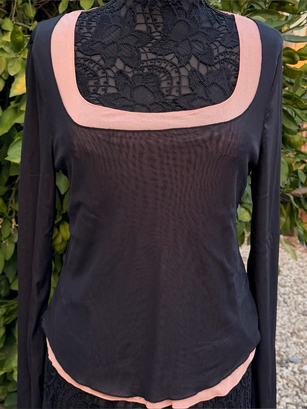 Free People Black & Pink Long Sleeve Mesh Double Layered Top